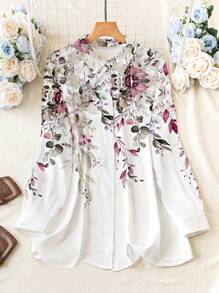 SHEIN LUNE Áo sơ mi tay dài thanh lịch in hoa cỡ lớn cài nút phía trước - Bụi tím - Xem 1