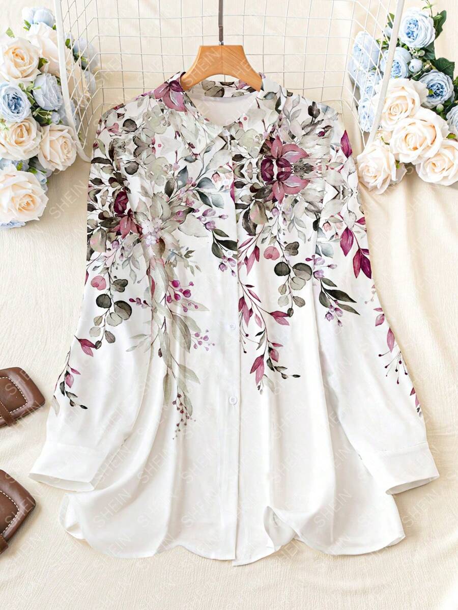 SHEIN LUNE Áo sơ mi tay dài thanh lịch in hoa cỡ lớn cài nút phía trước - Bụi tím - Xem 1
