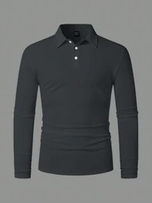 Manfinity Homme Men's Casual Everyday Button-Front Half-Placket Long Sleeve Polo Shirt, Autumn, For Fall - Dark Grey - View 4