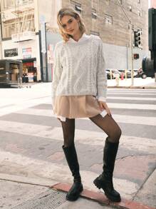 SHEIN EZwear 女士休闲宽领扭绳针织毛衣，秋冬 - 卡其色 - 查看 5