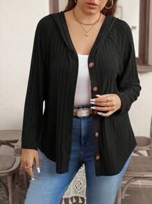 SHEIN LUNE 大码女式纯色插肩袖单排扣休闲连帽 T 恤，秋季 - 黑色 - 查看 3