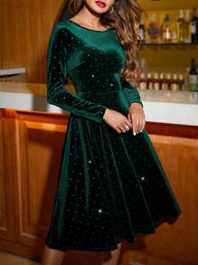 SHEIN Clasi Women's Fashionable & Versatile Christmas Party Green Glitter Long Sleeve A-Line Dress, Autumn/Winter Christmas Party Family Outfits Christmas Women Clothes Christmas Party Dress - Green - View 5