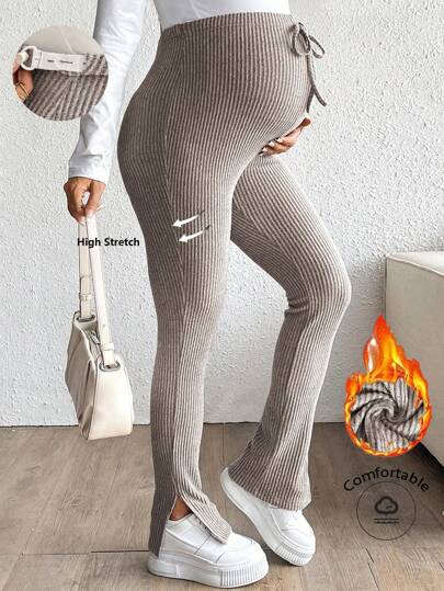 SHEIN Legginsy ciążowe z regulowanym stanem i ściągaczem, obcisłe, z rozcięciem