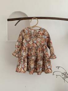 SHEIN LMoss Kids LMoss 女婴复古花卉印花长袖连衣裙，秋冬