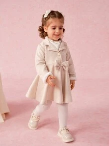 SHEIN Baby Girls' Minimalist Lapel Half-Open Cardigan With Fuzzy Trim, Long Sleeve Butterfly Decor A-Line Party Dress, Spring/Autumn - Apricot - View 3