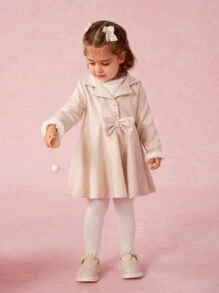 SHEIN Baby Girls' Minimalist Lapel Half-Open Cardigan With Fuzzy Trim, Long Sleeve Butterfly Decor A-Line Party Dress, Spring/Autumn - Apricot - View 7