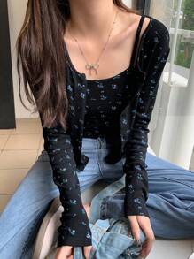 DAZY 2 件套女式碎花单排扣长袖 T 恤和细肩带背心，秋季女装 - 黑色 - 查看 1