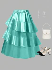 Tween Girl Graceful Ruffle Hem A-Line Skirt, Autumn - Baby Blue - View 2