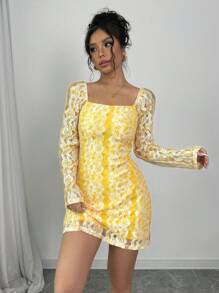 Chiquease Yellow Lace Elegant Backless A-Line Dress For Women - Yellow - View 4