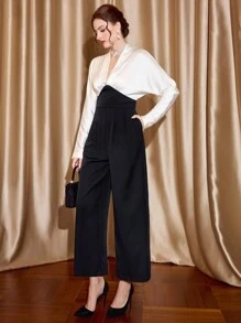 Vintamour Mono vintage elegante de mujer con cuello en V, manga larga, fruncido, empalme de color y satén, mono casual suelto de pierna para trabajo y vacaciones, ropa de invierno para mujer, conjunto de mujer, atuendo de Acción de Gracias, atuendo de invierno, ropa de Navidad, vestido de manga larga para fiesta de Navidad, vestido de Navidad, ropa de Navidad, ropa de iglesia para mujer, mono de mujer, vestido de Nochevieja, vestido de Acción de Gracias, vestido de vacaciones, vestido de invierno - Blanco y Negro - Ver 5