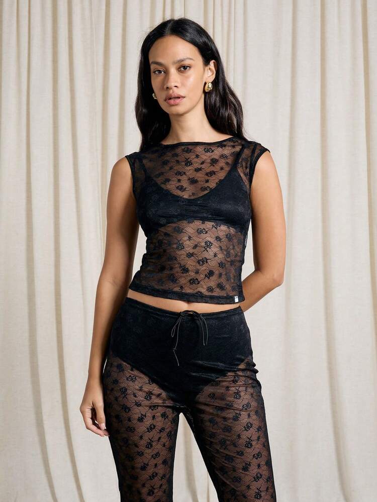Sheer Lace Cap Sleeve Fitted Top