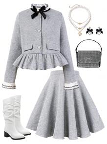 Tween Girl Ruffled Trim Academy Style Jacket And Mini Skirt Set, Formal Occasion, Autumn/Winter