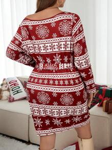 SHEIN LUNE 大码圆领长袖图案细节正面系带简约休闲短款连衣裙大码秋季女士连衣裙 - 紅色 - 查看 2