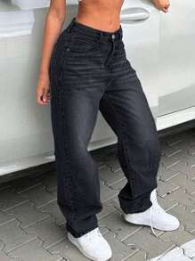 NVFelix 女士宽松直筒牛仔裤，做旧复古休闲Y2K街头风，黑色，适合冬季、感恩节、新年穿着 - 黑色 - 查看 4