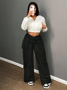 Slaydiva 2024 Herfst/Winter Nieuwe Aankomst Casual Streetwear Cargo Broek, V-vormige Tailleband Met Dubbele Zakken Wijde Broek