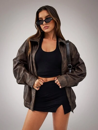 SHEIN BAE Chaqueta suelta con cremallera y hombros caídos de estilo vintage para mujer, de piel sintética marrón con textura moteada lavada y desgastada, para otoño, Navidad, invierno y disfraces de Halloween