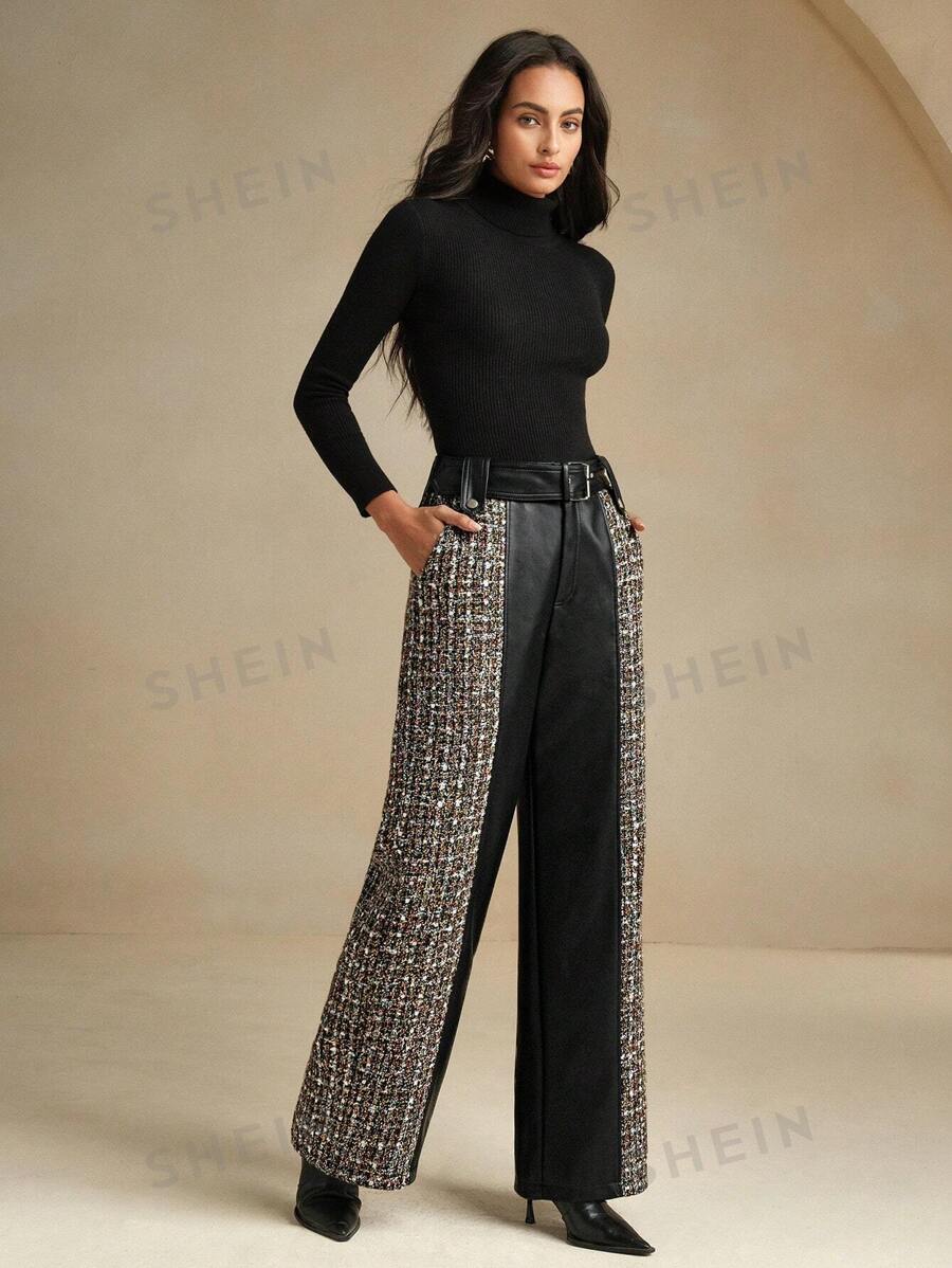 Anewsta Pantalones rectos de ajuste delgado con parches de piel y ED para mujer, otoño/invierno