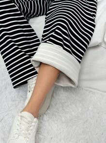 SHEIN EZwear 女式黑白条纹针织保暖内衬休闲阔腿裤，冬季保暖 - 黑與白 - 查看 6