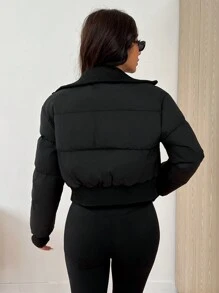 SHEIN EZwear Áo khoác đệm lót phía trước có khóa kéo màu trơn dành cho nữ vào mùa thu/đông - màu đen - Xem 2