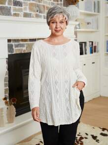 EMERY ROSE 大码女士休闲纯色纹理镂空针织 T 恤，秋冬女装，大码秋装 - 白色 - 查看 6