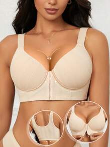 1 件女式米色前扣式无线加垫运动文胸，宽肩带，舒适无缝，单件包装 - 杏色 - 查看 2