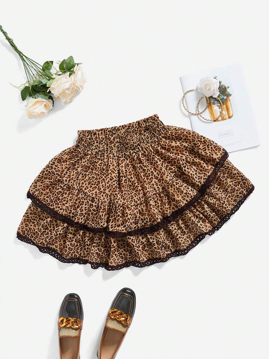 Poéselle Chân váy ren chắp vá viền bèo nhún cạp cao, chân váy họa tiết da báo, chân váy nâu, chân váy mùa thu cho nữ, chân váy bồng bềnh - Màu be - Xem 1
