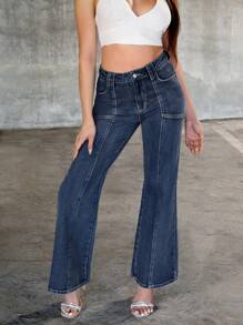 Denimoi 超大喇叭腿贴袋接缝细节牛仔裤 - 深色水洗藍 - 查看 3