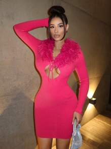 Zolique 秋冬新款玫红色女装毛衣裙毛线领拼接毛绒挖领绑带打结毛衣裙 - 玫紅色 - 查看 1