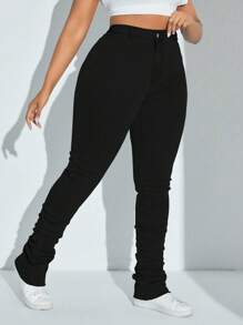 SHEIN SXY 大码女式破洞紧身羊毛牛仔裤，黑色，秋冬季时尚 - 黑色 - 查看 4