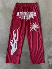 PAVTROS Quần lưng thun in chữ thường ngày cho nam, quần đỏ, in ngọn lửa - Đỏ - Xem 1