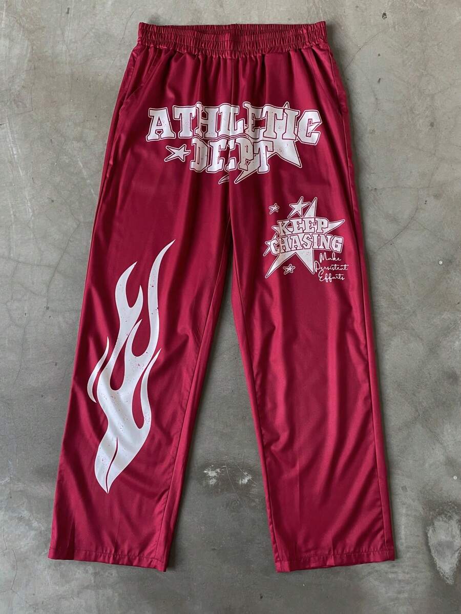 PAVTROS Quần lưng thun in chữ thường ngày cho nam, quần đỏ, in ngọn lửa - Đỏ - Xem 1