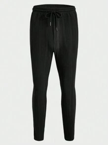 Manfinity VCAY Set de 2 piezas que incluye camiseta de manga larga ajustada de cuello redondo de punto y pantalones rectos casuales para uso diario de hombres - Negro - Ver 3