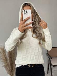 SHEIN LUNE 女士休闲纯色落肩宽松连帽纹理毛衣