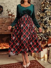 SHEIN LUNE Giày bốt thường ngày in họa tiết Giáng sinh bằng nhung trơn cỡ lớn cho nữ, váy dài tay cho mùa thu/đông - Nhiều màu - Xem 1