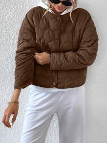 GENKIRA Fashionable Casual Geometric Pattern Round Neck PocketPadded Insulated Polyfill Synthetic Insulation Winter Coat Winter Jacket Jacket Fall Cloth For Women - Brown - View 3