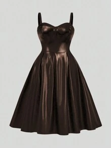 SHEIN MOOSTA 1 件女式加大码无袖 A 字形连衣裙，配有可调节肩带、松紧腰、紧身胸衣和褶皱 - 咖啡棕 - 查看 3