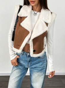 Chiquease 棕色无袖仿口袋保暖内衬保暖背心夹克 - 棕色 - 查看 5