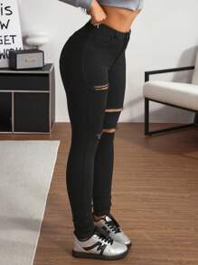 SHEIN Tall Women's Casual Solid Color Distressed Slim Fit Denim Jeans - Black - View 6