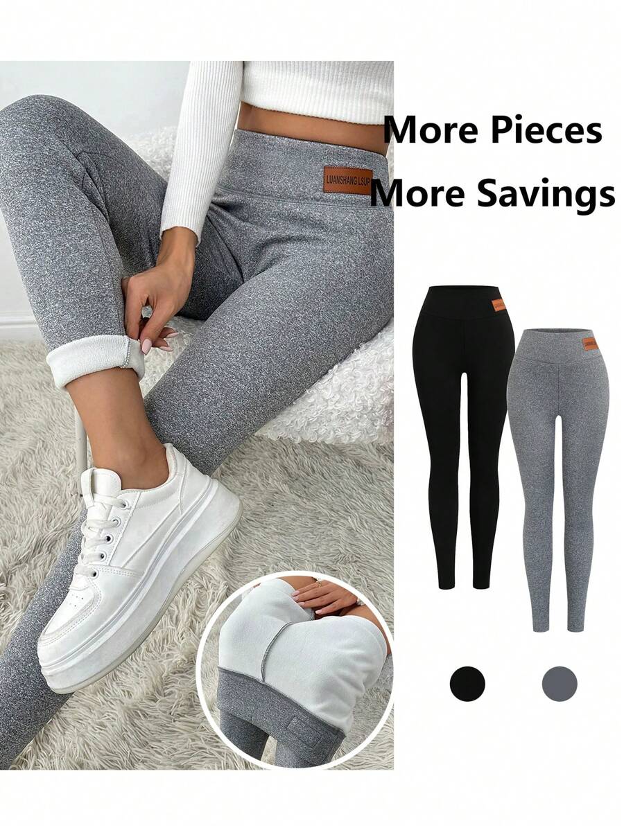 SHEIN Unity Women Autumn/Winter Velvet Lined Elastic Slim Fit Leggings Fall Cloth For Women - Multicolor - View 1