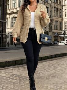 Calvaya Damen Große Größen Lässige offene Kapuzen-Strickjacke mit einfarbigem, dickem Strick für Herbst/Winter - Khaki - Übersicht 8