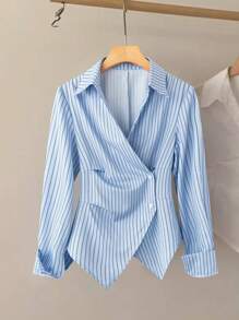 SHEIN Clasi 翻领收腰不对称条纹优雅女式衬衫女式衬衫