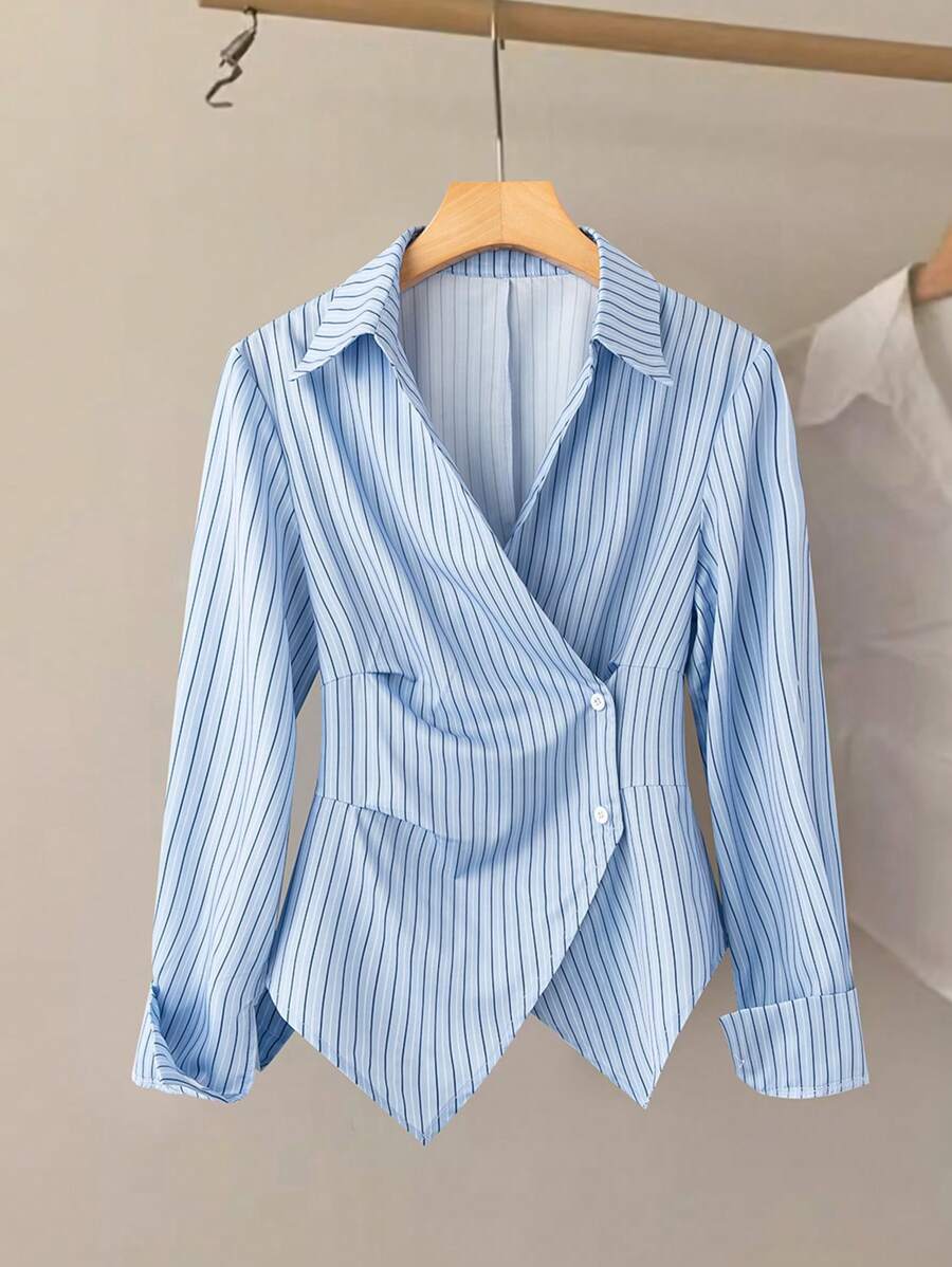 SHEIN Clasi 翻领收腰不对称条纹优雅女式衬衫女式衬衫