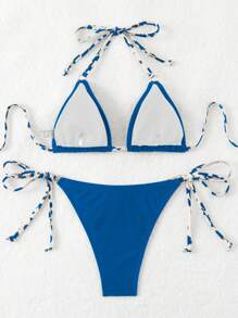 Swim Vcay 夏季海滩撞色吊带露背系带泳衣套装，随机印花 - 彩色 - 查看 2