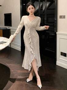 DAZY Robe midi fendue à encolure en V, volants et paillettes pour femmes, robe de soirée pour anniversaire, Nouvel An, automne à manches longues. Robe élégante et de luxe avec paillettes pour femmes. - Nude - Voir 9