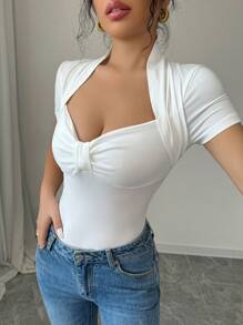 INAWLY Women's Solid Color Ruffle Trim Crew Neck Short Sleeve Fitted T-Shirt, Summer - White - View 4