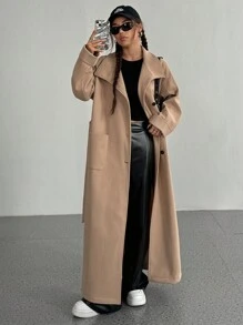 Flirla 女式纯色纽扣前口袋腰带休闲长袖夹克，秋冬 - 杏色 - 查看 6