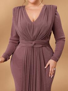 SHEIN Belle Plus Size Metallic Stretch V-Neck Twist Detail Dress, Wedding Guest Dress, Party Dress, Formal Dress, Evening Dress,Gown