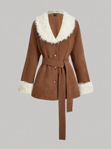 SHEIN MOD 1 件复古风格棕色毛领和袖口混合面板夹克配腰带，70 年代时尚，希腊女神服装，女牛仔装 - 棕色 - 查看 1