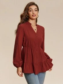 Chiquease Women Casual Ruffled Hem Long Sleeve Blouse, Fall - Red - View 6