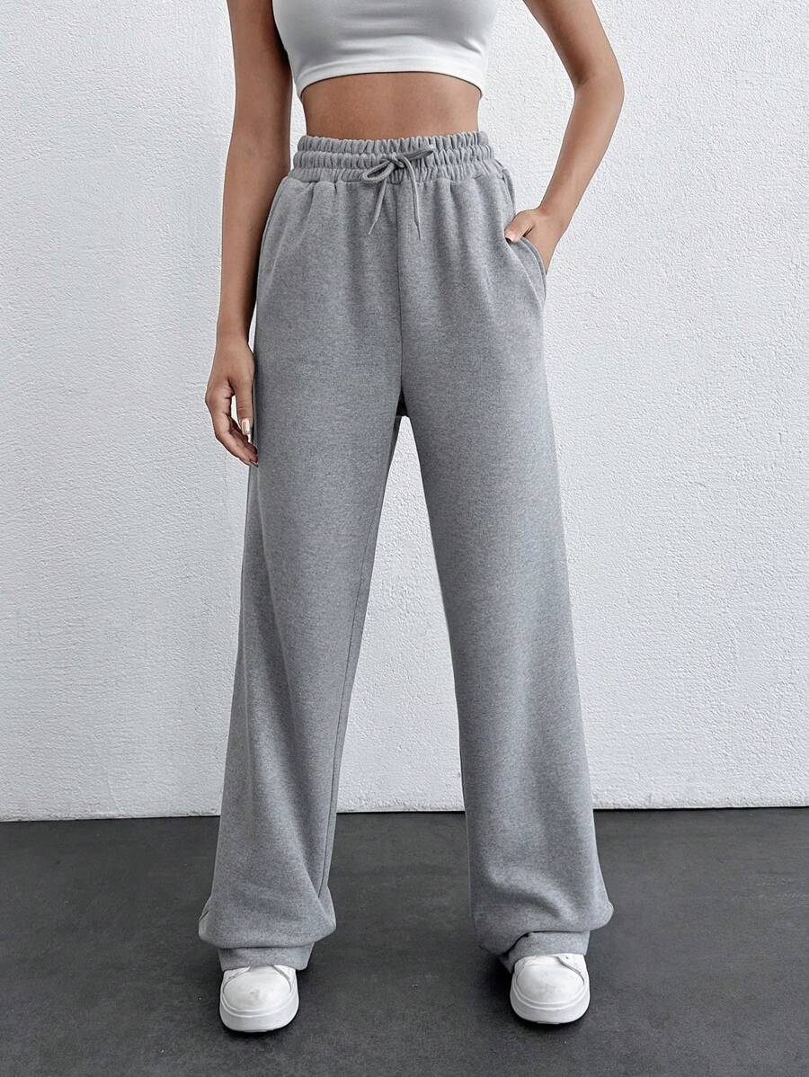 SHEIN Tall Women Casual Sports Solid Color Drawstring Waist Slant Pockets Loose Sweatpants, Autumn - Light Grey - View 1